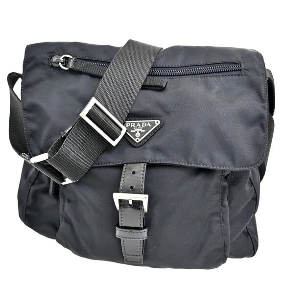 PRADA MILANO Logo Tessuto Prada Shoulder Bag Nylon Leather Black Italy - Picture 1 of 14